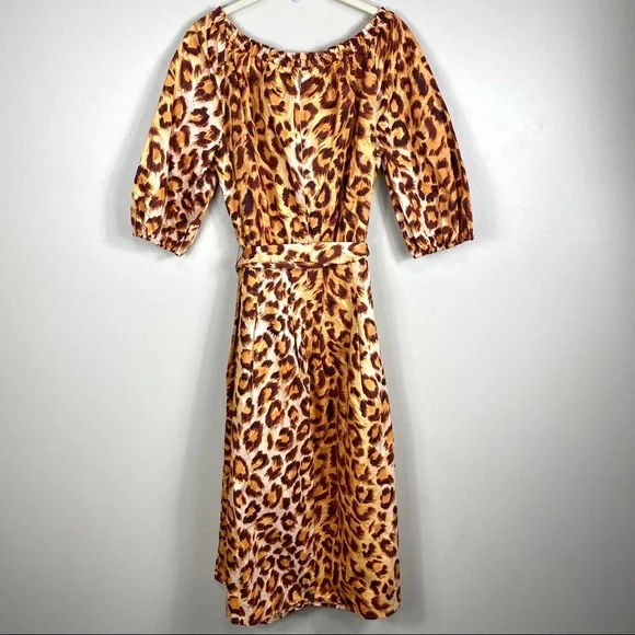 KATE SPADE Leopard Cheetah Panther Puff Sleeve Midi Dress Women - Picture 5 of 12